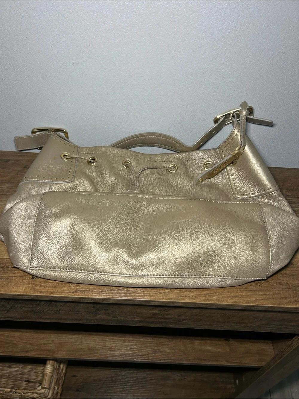 Cole Haan Metallic Taupe Drawstring Hobo Bag